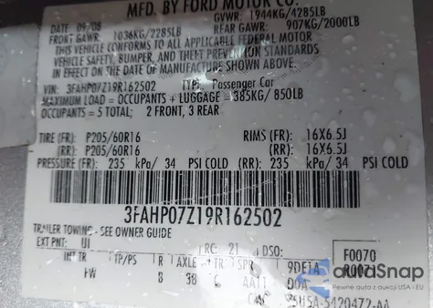 2009 Ford Fusion Se from USA, damaged, VIN 3FAHP07Z19R162502